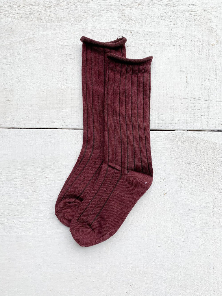 Ribbed Knee High Socks - Burgundy